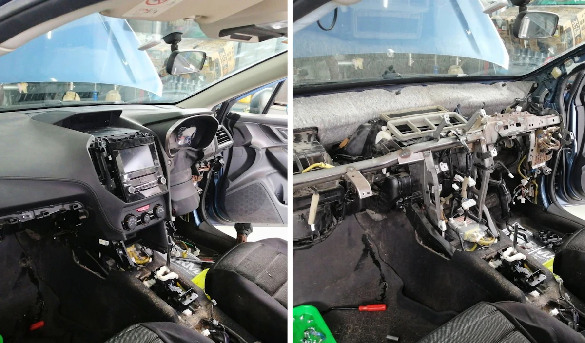 Mazda dashboard before removal and dashboard removed for AC system access